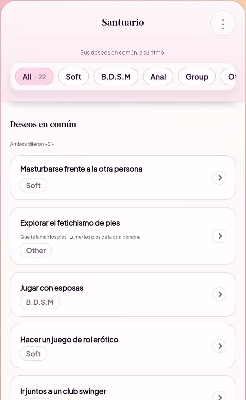 Interfaz del Santuario de Yes No Maybe mostrando los deseos en común de una pareja