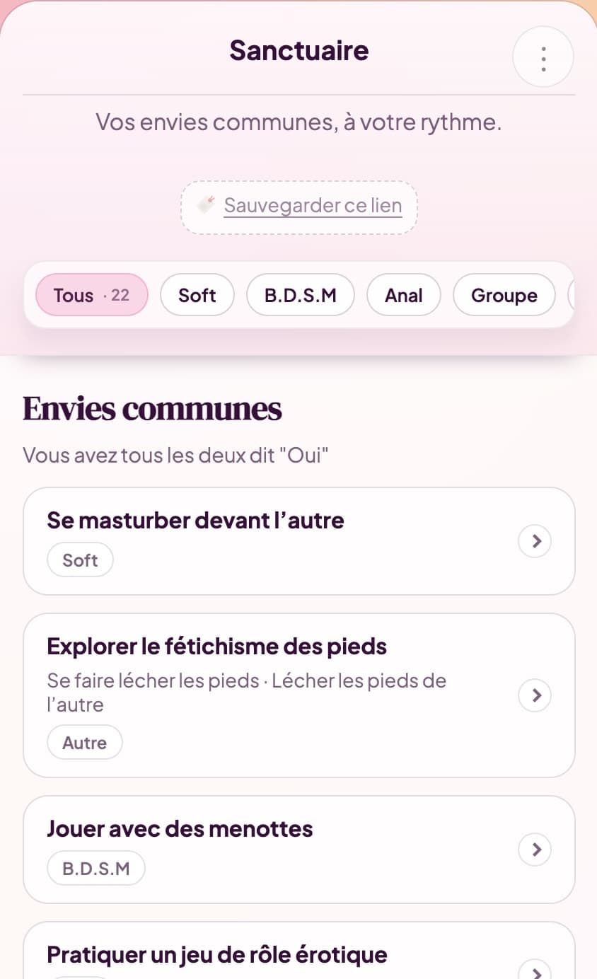 Interface du Sanctuaire Yes No Maybe montrant les envies communes d’un couple