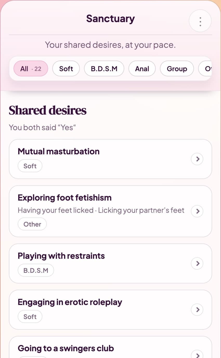 Yes No Maybe Sanctuary interface showing a couple's shared desires